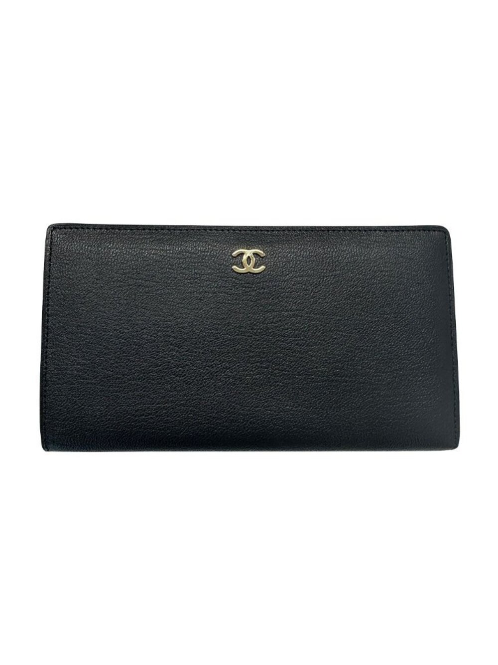 Chanel Wallet Leather Black Gold Simple
